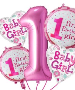 1st Birthday Girl Foil Balloon (Pack of 5-Pink)