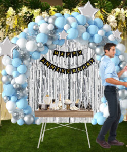 134 Pcs Happy Anniversary Kit Metallic Silver, Blue & White Balloons, Silver Stars, Silver Confetti, Black Happy Anniversary Banner & Fringe Curtain