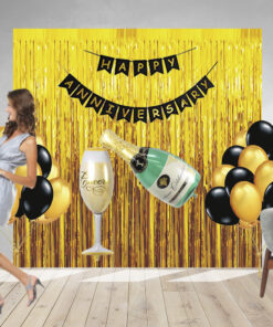 51 Pcs DIY Happy Anniversary Kit - Metallic Golden & Black Balloons, Black Happy Anniversary Banner & Golden Fringe Curtain