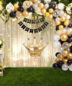 86Pcs - DIY Happy Birthday Metallic Golden, White, Black Latex & confetti Balloons, Black & Gold Happy Birthday Banner and Golden Crown Foil
