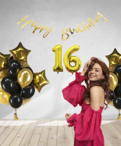 40 Pcs DIY Happy Birthday Kit - Metallic Gold Balloon, Black Balloon, GoldStar, 16 Inches Number 16 Foil Balloon, Gold Happy birthday Banner