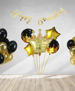 37 Pcs DIY Happy Birthday Kit - Metallic Gold, Black Balloon, Gold Star, 5Pcs Crown Set, Gold Happy Birthday Banner