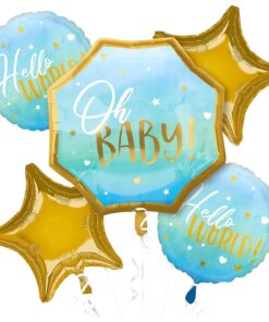 Oh Baby Blue Foil Balloon Hello World Welcome New Born Baby Decorative Foil Balloon Set of 5