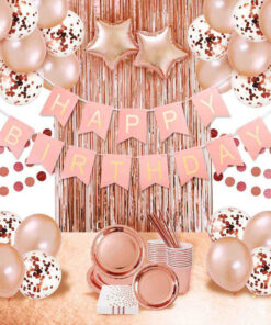 RoseGold Metallic Balloon, RoseGold Confetti, RoseGold Star Foil Balloon, RoseGold Fringe Foil curtain & Pink Happy Birthday Banner(30 Pcs)