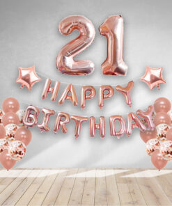 RoseGold Metallic Balloon, RoseGold Confetti RoseGold Star Foil Balloon, RoseGold Foil Happy Birthday & RoseGold Twenty One foil numbers(38 Pieces)