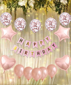 RoseGold Metallic Balloon, RoseGold Heart Foil, RoseGold Star Foil, RoseGold Confetti Balloon & Pink Happy Birthday Banner (28 Pieces)
