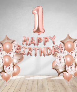 RoseGold Metallic Balloon, RoseGold Confetti, RoseGold Star Foil, RoseGold Heart Foil, RoseGold Foil Happy Birthday & RoseGold foil numbers(43 Pcs)