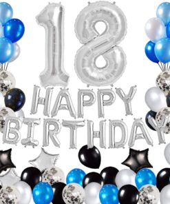 18Th Birthday Decorations Kit: Foil ” Happy Birthday” Banner, Foil Balloons Number 18 And Star Shape Balloons ,Latex Balloons Silver And Blue