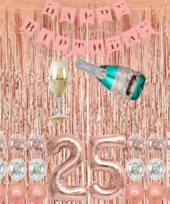 Bottle Shape Balloon, Pink Happy Birthday Banner, 25 Balloons, Rose Gold Foil Fringe Curtains, Confetti Balloons for 25th Birthday Decorations for Her