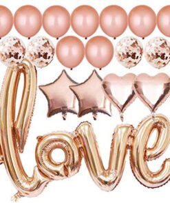 Love Shape Letter Foil Balloon with Rose Gold Confetti and Rose Gold Metallic Balloons for Birthday Wedding Valentine Day Engagement Party (20 piece)