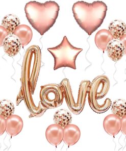 Love Shape Letter Foil Balloon with Rose Gold Confetti and Rose Gold Metallic Balloons for Birthday Wedding Valentine’s Day (21 piece)