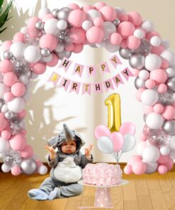 91 Pcs DIY Happy Birthday Kit – White, Pink Pastel & Silver Metallic Balloons, Confetti Balloon, Gold 1 Number,& Pink Happy Birthday Banner