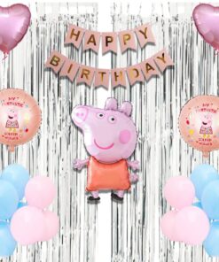 40Pcs Peppa Pig Theme Birthday Decoration  for Baby Kids Girls Boys, Peppa Pig Foil Balloon & Banner, Pastel Pink & Blue Balloons, Silver Curtains