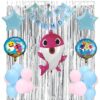 40Pcs Baby Shark Theme Birthday Decoration for Kids Girls Boys, Baby Shark Foil Balloon & Banner, Pastel Pink & Pastel Blue Balloons, Silver Curtains