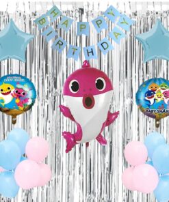 40Pcs Baby Shark Theme Birthday Decoration for Kids Girls Boys, Baby Shark Foil Balloon & Banner, Pastel Pink & Pastel Blue Balloons, Silver Curtains
