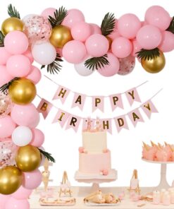 53PCS Birthday for Girls, Boys Garland Kit With Birthday Banner 12 Inches Confetti RoseGold 10″ Pastel Pink Golden Chrome & White Latex Balloon