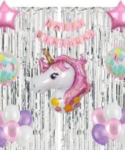 A Perfect Unicorn Theme Decoration for Birthday, includes:-  BIG Unicorn Foil Balloon, Unicorn Banner, Pink/White/Purple Balloons Silver Curtains