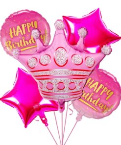 Pink Girls Princess Crown Foil Balloons Set for Girls Theme Birthday Party (set of 5)