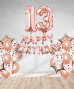 Rosegold Birthday Decor Metallic Balloon, Confetti, Star Foil Balloon, Heart Foil Balloon, Foil Happy Birthday & foil Number (13)