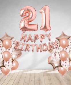 Rosegold Birthday Decor Metallic Balloon, Confetti, Star Foil Balloon, Heart Foil Balloon, Foil Happy Birthday & foil Number (21)