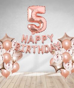 Rosegold Birthday Decor Metallic Balloon, Confetti, Star Foil Balloon, Heart Foil Balloon, Foil Happy Birthday & foil Number (5)