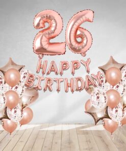 Rosegold  Birthday Decor DIY Kit includes; Metallic Balloon, Confetti, Star Foil Balloon, Heart Foil Balloon, Happy Birthday & foil Number(26)