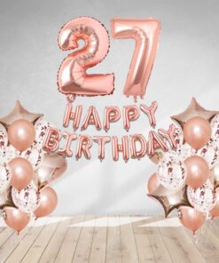 Rosegold  Birthday Decor DIY Kit includes; Metallic Balloon, Confetti, Star Foil Balloon, Heart Foil Balloon, Happy Birthday & foil Number(27)