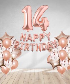 Rosegold Birthday Decor Metallic Balloon, Confetti, Star Foil Balloon, Heart Foil Balloon, Foil Happy Birthday & foil Number (14)