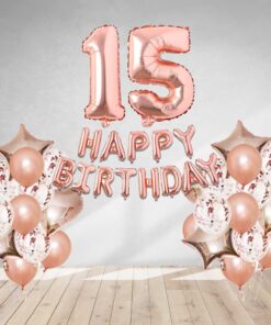 Rosegold Birthday Decor Metallic Balloon, Confetti, Star Foil Balloon, Heart Foil Balloon, Foil Happy Birthday & foil Number (15)