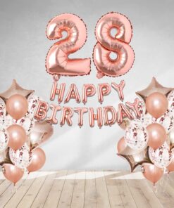 Rosegold  Birthday Decor DIY Kit includes; Metallic Balloon, Confetti, Star Foil Balloon, Heart Foil Balloon, Happy Birthday & foil Number(28)