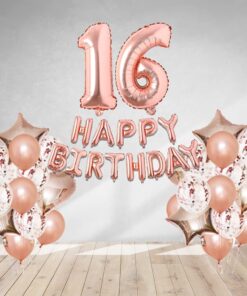 Rosegold Birthday Decor Metallic Balloon, Confetti, Star Foil Balloon, Heart Foil Balloon, Foil Happy Birthday & foil Number (16)
