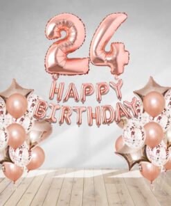 Rosegold  Birthday Decor DIY Kit includes; Metallic Balloon, Confetti, Star Foil Balloon, Heart Foil Balloon, Happy Birthday & foil Number(24)