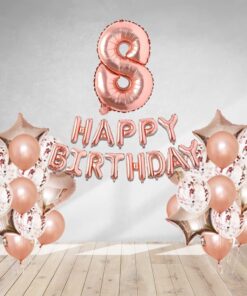 Rosegold Birthday Decor Metallic Balloon, Confetti, Star Foil Balloon, Heart Foil Balloon, Foil Happy Birthday & foil Number (8)