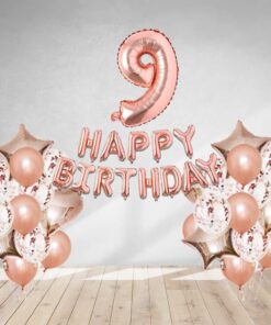 Rosegold Birthday Decor Metallic Balloon, Confetti, Star Foil Balloon, Heart Foil Balloon, Foil Happy Birthday & foil Number (9)