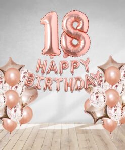Rosegold Birthday Decor Metallic Balloon, Confetti, Star Foil Balloon, Heart Foil Balloon, Foil Happy Birthday & foil Number (18)