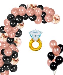 Diamond Ring Shape Foil Balloons for Engagement Decoration, Rose Gold Confetti, Latex Black and Metallic Rose Gold Balloon (58 Pcs)