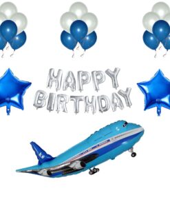 Aeroplane Foil Balloons With Happy Birthday Foil with Blue Star and White ,Blue Balloons, Birthday Theme Party Decoration (45 Pcs)