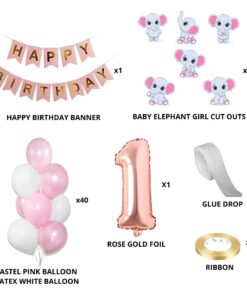 Baby Elephant Girl Theme Balloon with Number Foil Decor DIY Kit (56 Pcs)