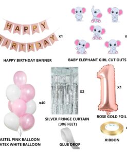 Baby Elephant Girl Theme Balloon with Number Foil Decor DIY Kit (58 Pcs)