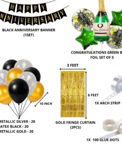Happy Anniversary Decoration  - Congratulations Green Bottle / Gold/Black Balloons - (71 Pcs)