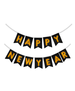 Happy New Year Banner 1 (6 Inches/250 GSM Cardstock/Black, Yellow, golden Printed/12 Pieces)
