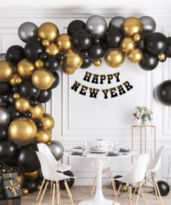 Happy New Year Decoration Kits- (10 Inches/Latex/Black, Metallic Gold, Silver Chrome/69 Pcs)