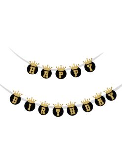 Crown theme Happy Birthday Banner (6 inches/250 GSM Cardstock/Black ,Gold/13Pcs)