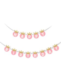 Pink Crown theme Happy Birthday Banner (6 inches/250 GSM Cardstock/Pink ,Gold, White/13Pcs)