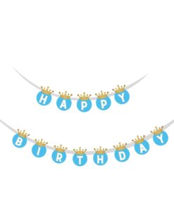 Blue Crown theme Happy Birthday Banner (6 inches/250 GSM Cardstock/Blue, Gold, White/13Pcs)