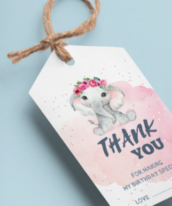 Baby Elephant Girl Theme Birthday Favour Tags (2 x 3.5 inches/250 GSM Cardstock/White, Pink, Grey, Black/30Pcs)