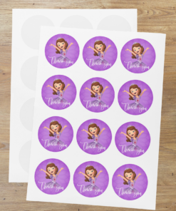 Sofia Theme- Return Gift/birthday decor Thankyou Sticker (6 CM/Sticker/Brown, Purple, White/24Pcs)