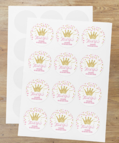 Crown Theme- Return Gift/birthday decor Thankyou Sticker (6 CM/Sticker/Pink, Gold, White/24Pcs)