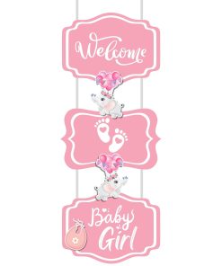Welcome Baby Girl Door/Wall Hanging Dangler- (32 Inches/250 GSM Cardstock/Pink & White/7Pcs)
