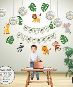Jungle Theme Birthday Party Decorations - Banner, Cutouts, Favor Tags, Danglers (6 inches/250 GSM Cardstock/Mixcolour/61Pcs)